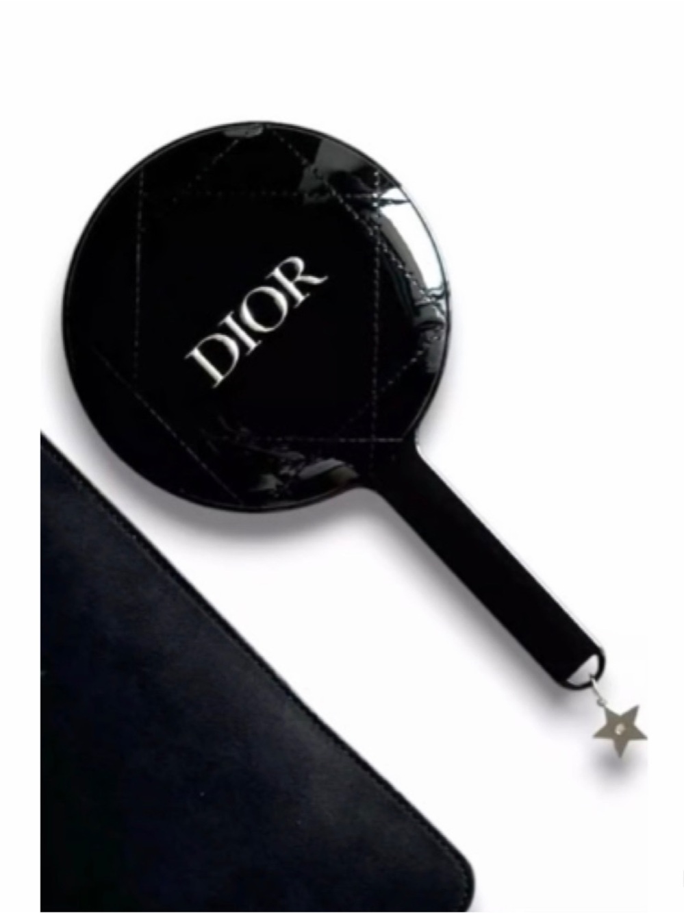 NEW Christian Dior Black Quilted Handheld Mirror with Pouch Case